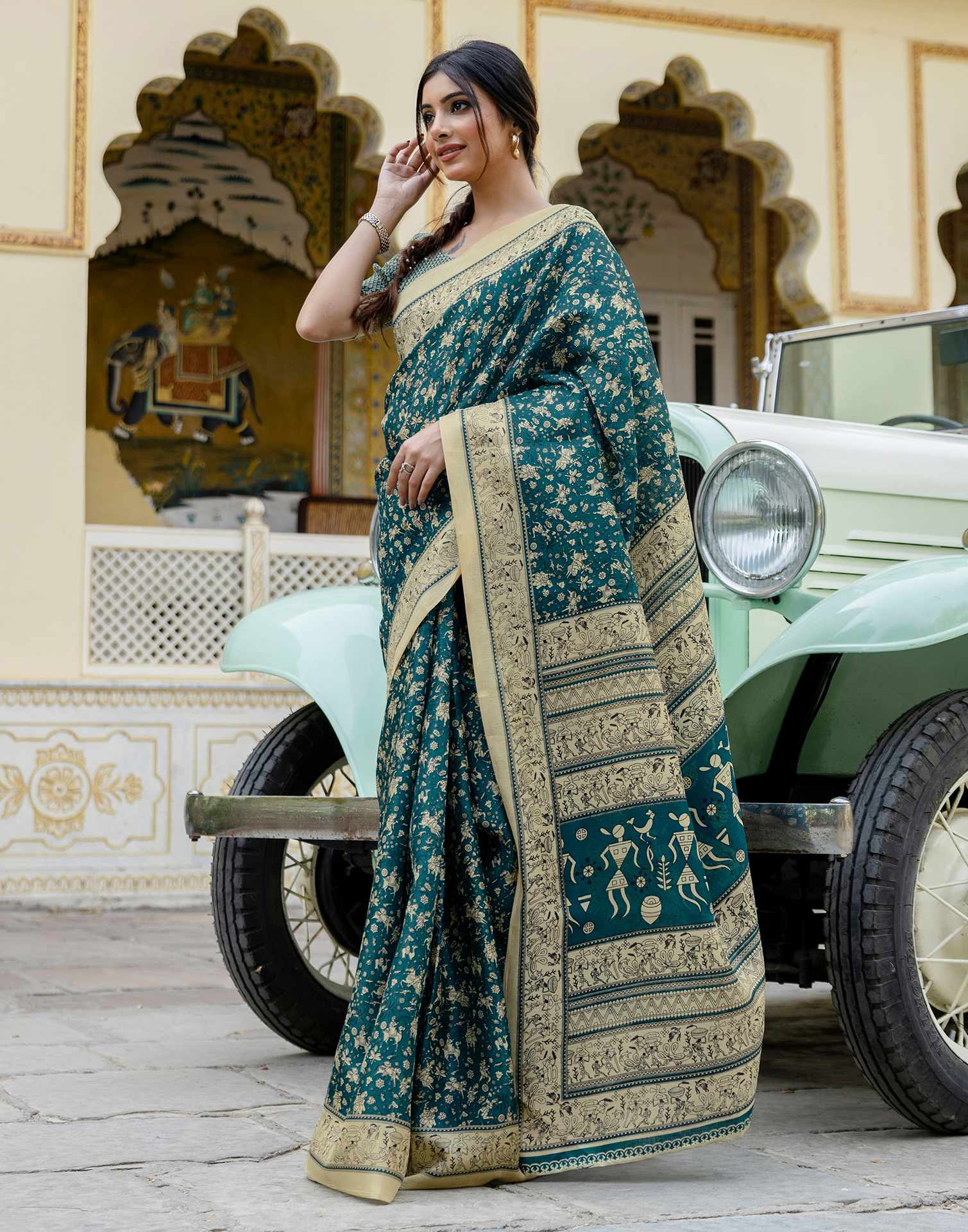 Rama Blue Khadi Warli Printed Saree