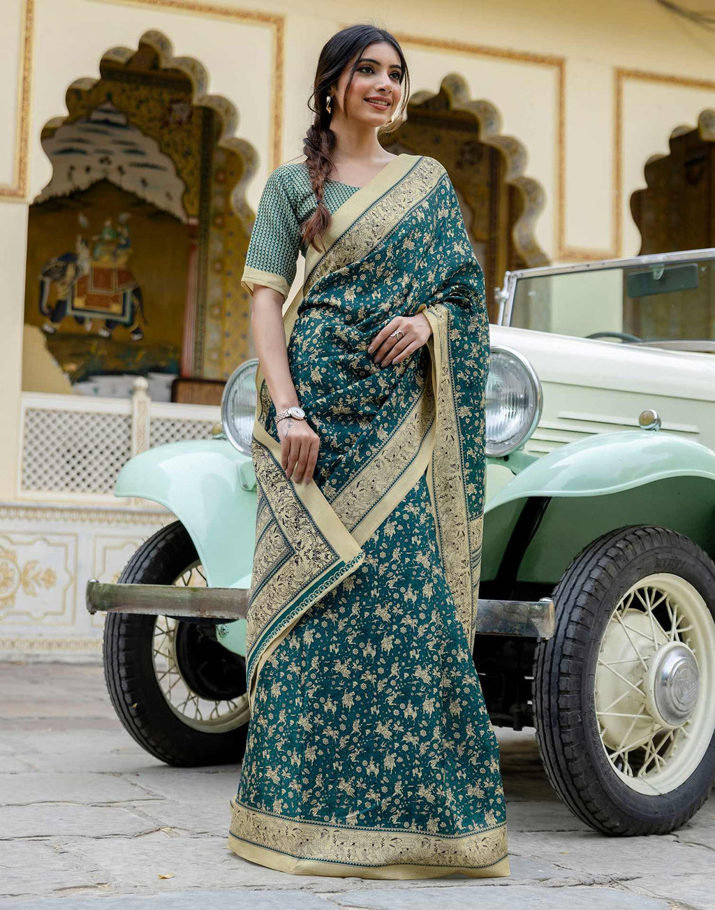 Rama Blue Khadi Warli Printed Saree