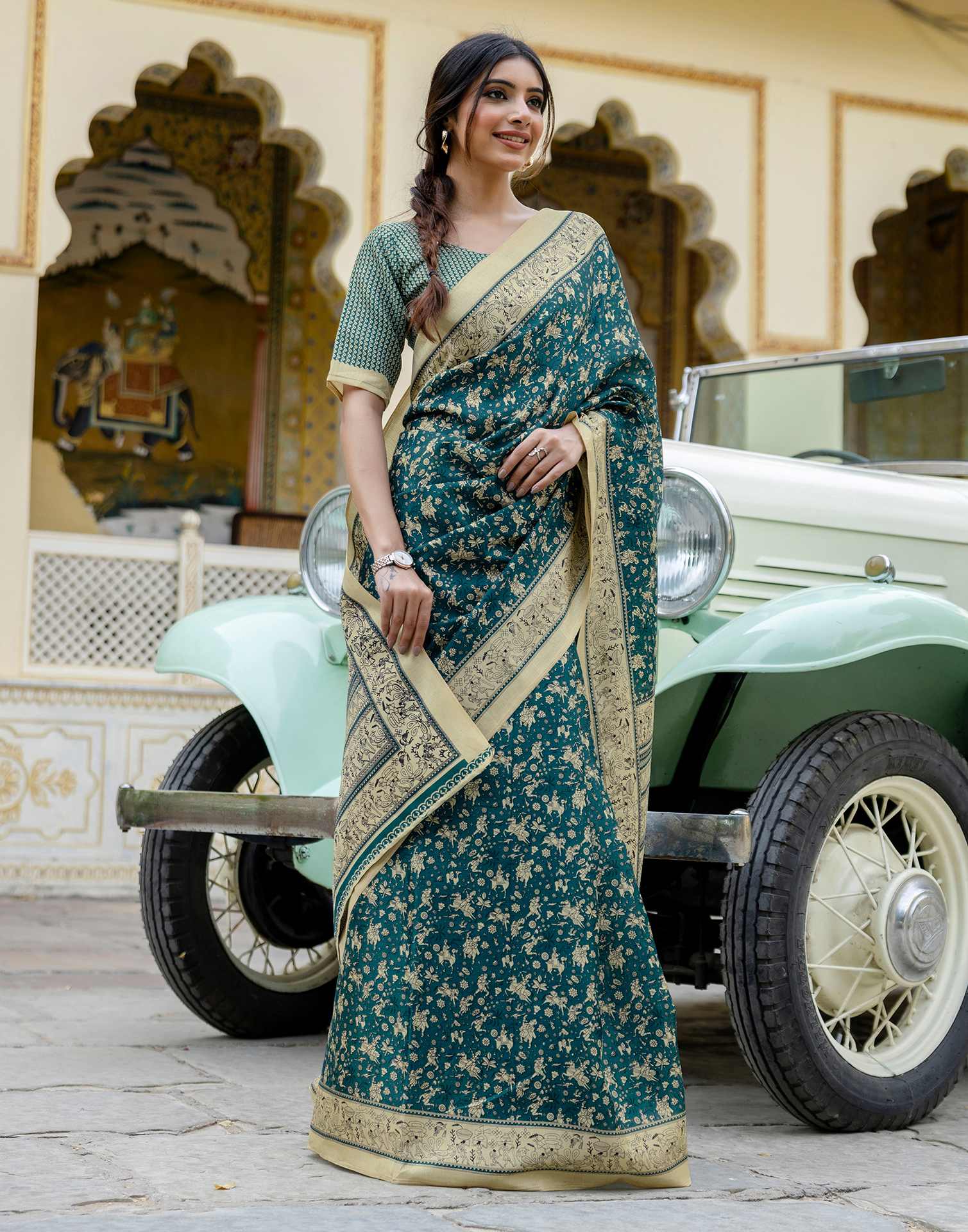 Rama Blue Khadi Warli Printed Saree