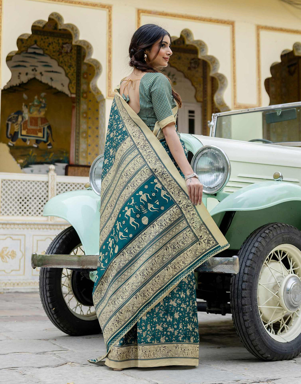 Rama Blue Khadi Warli Printed Saree