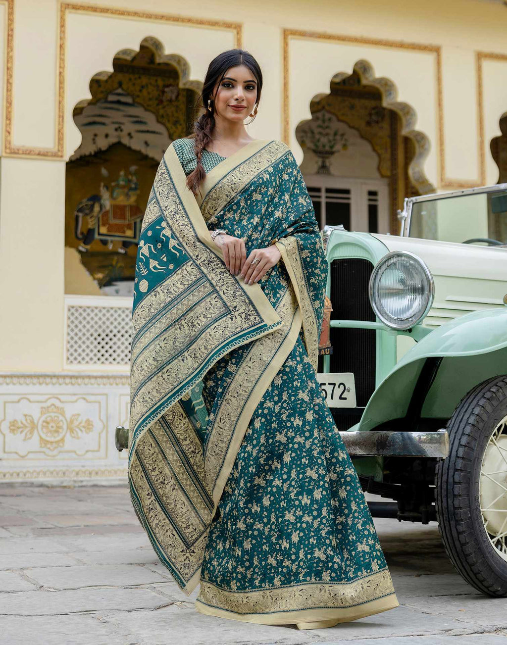 Rama Blue Khadi Warli Printed Saree