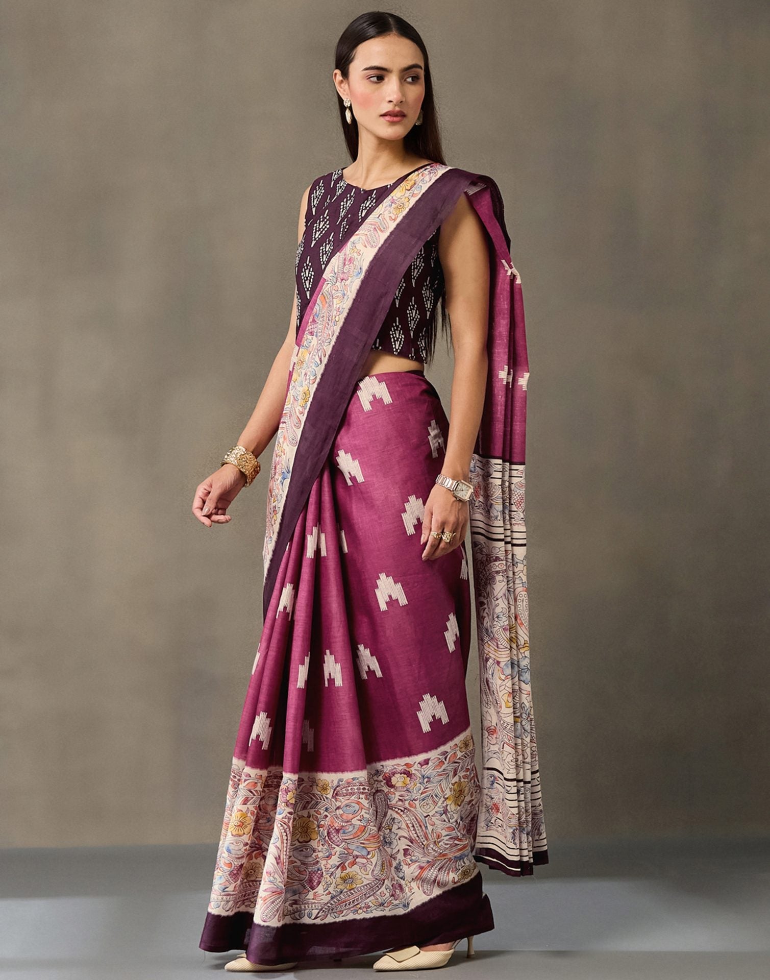 Dark Mauve Cotton Printed Kalamkari Saree