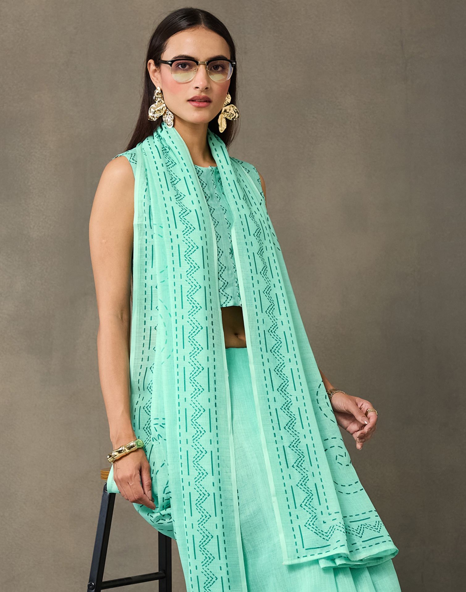 Light Mint Green Linen Printed Saree