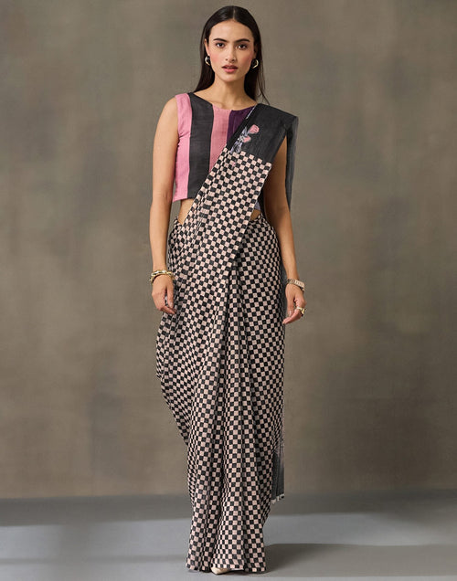 Black Linen Checkered Printed Saree