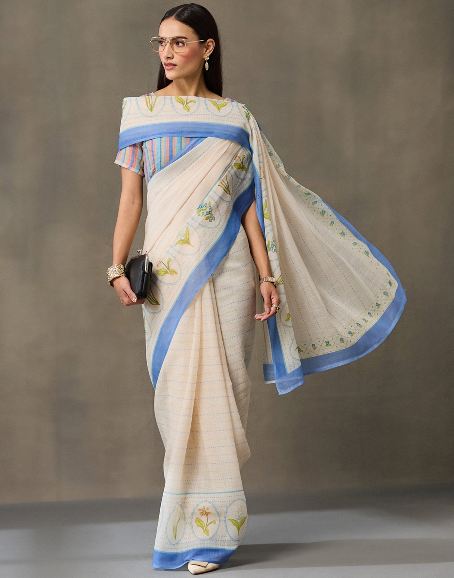 Cream Linen Printed Saree