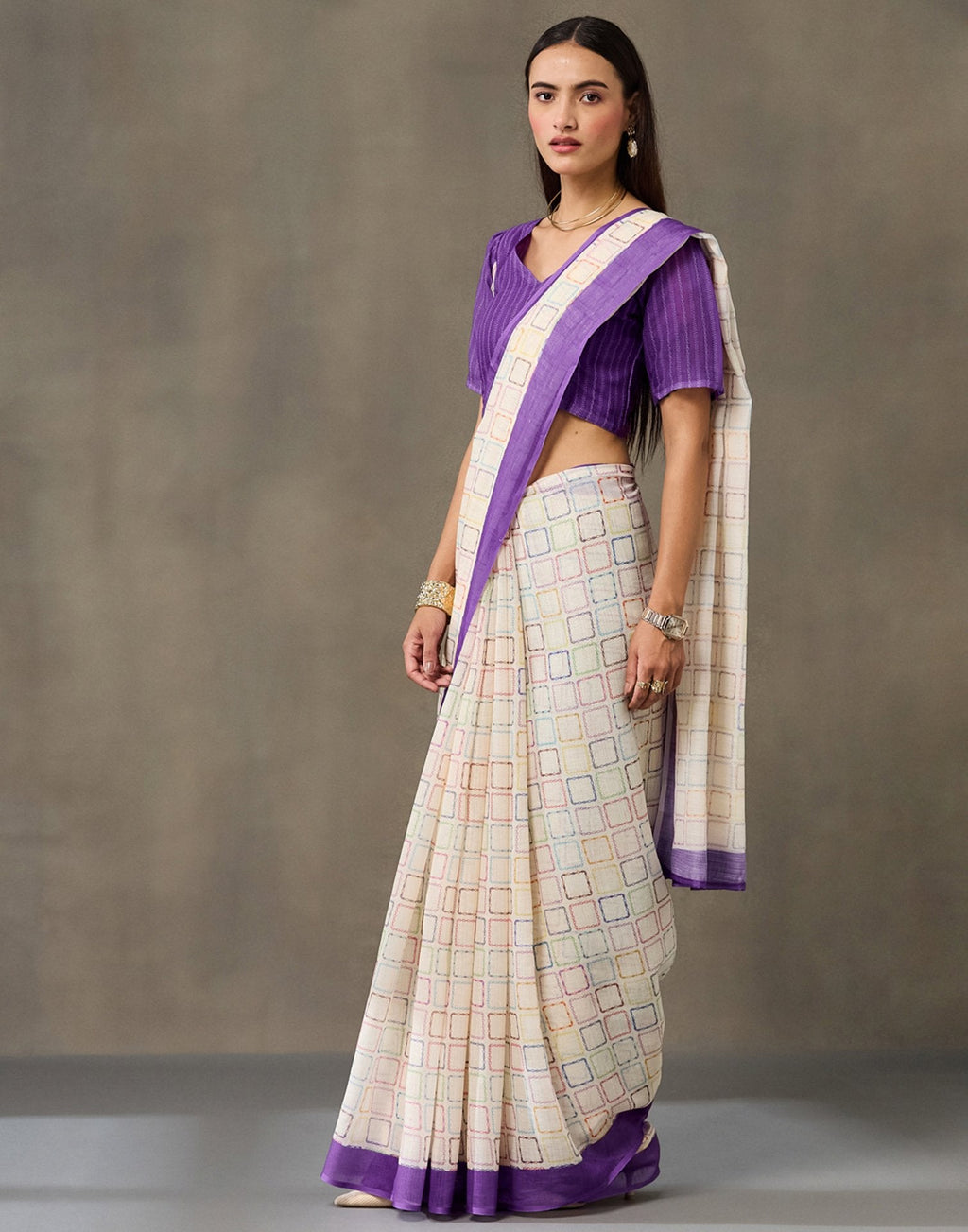 Off White Linen Printed Saree