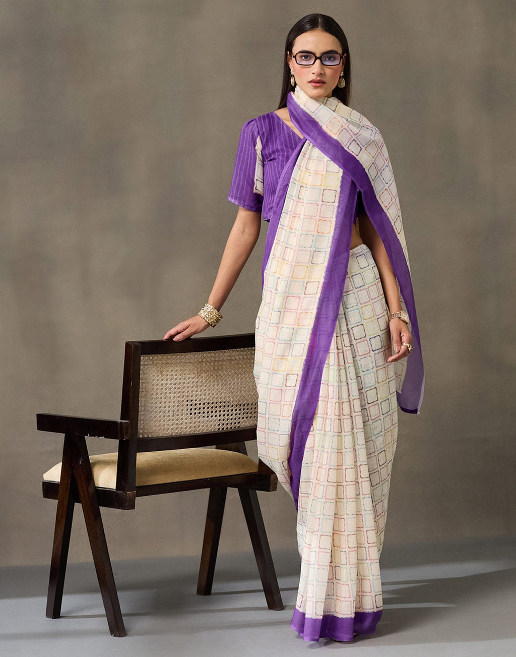 Off White Linen Printed Saree