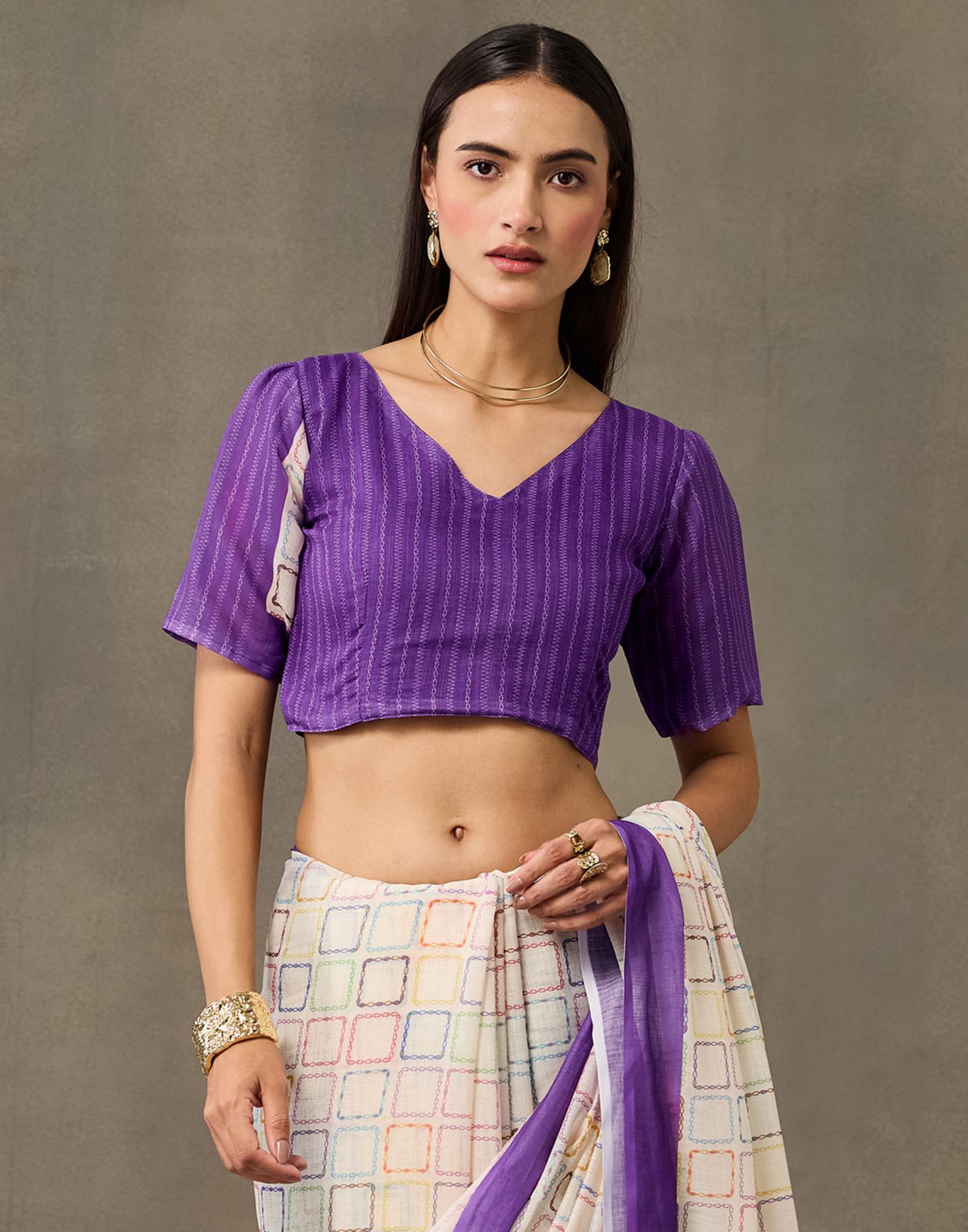 Off White Linen Printed Saree