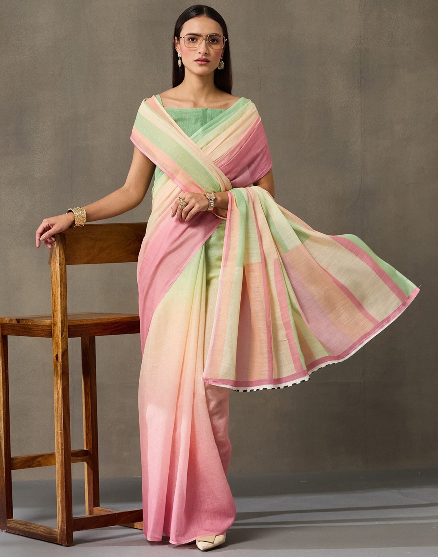 Mint Green Linen Printed Saree