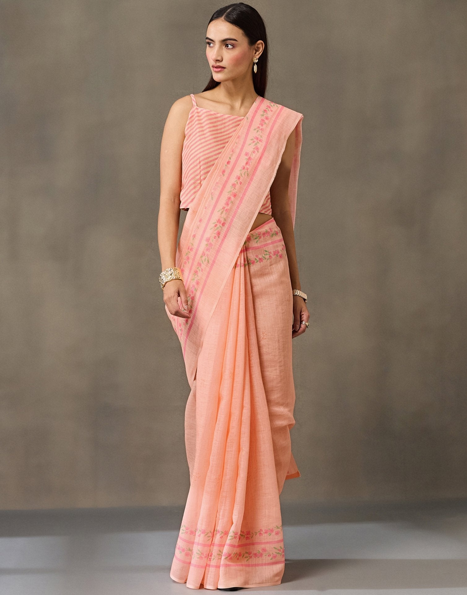 Peach Linen Printed Saree