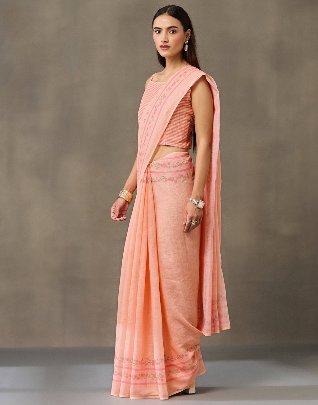 Peach Linen Printed Saree