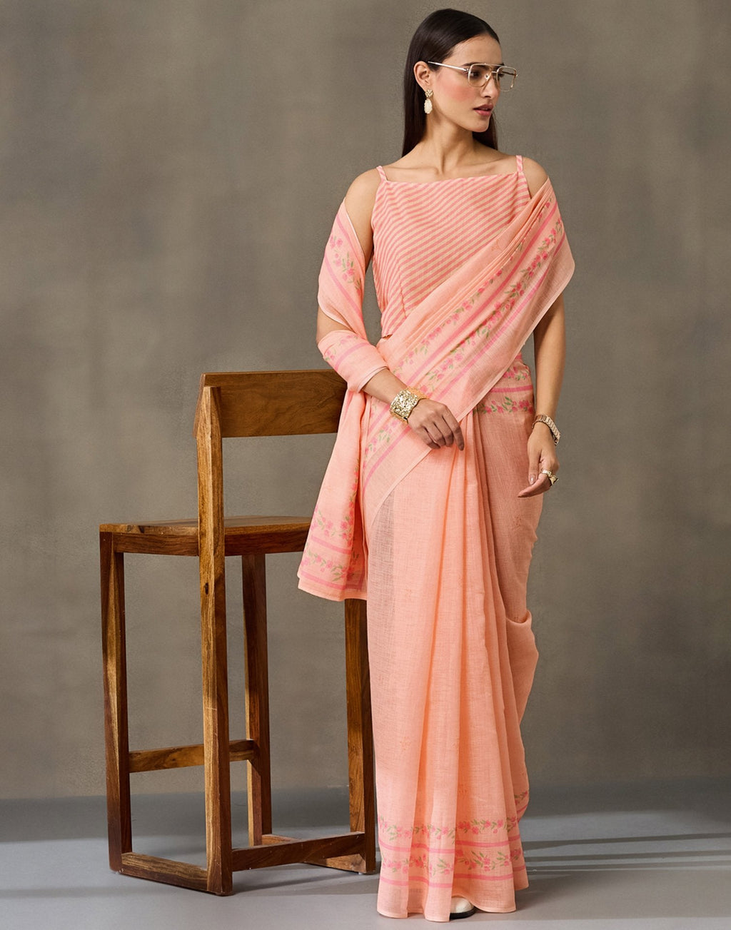 Peach Linen Printed Saree