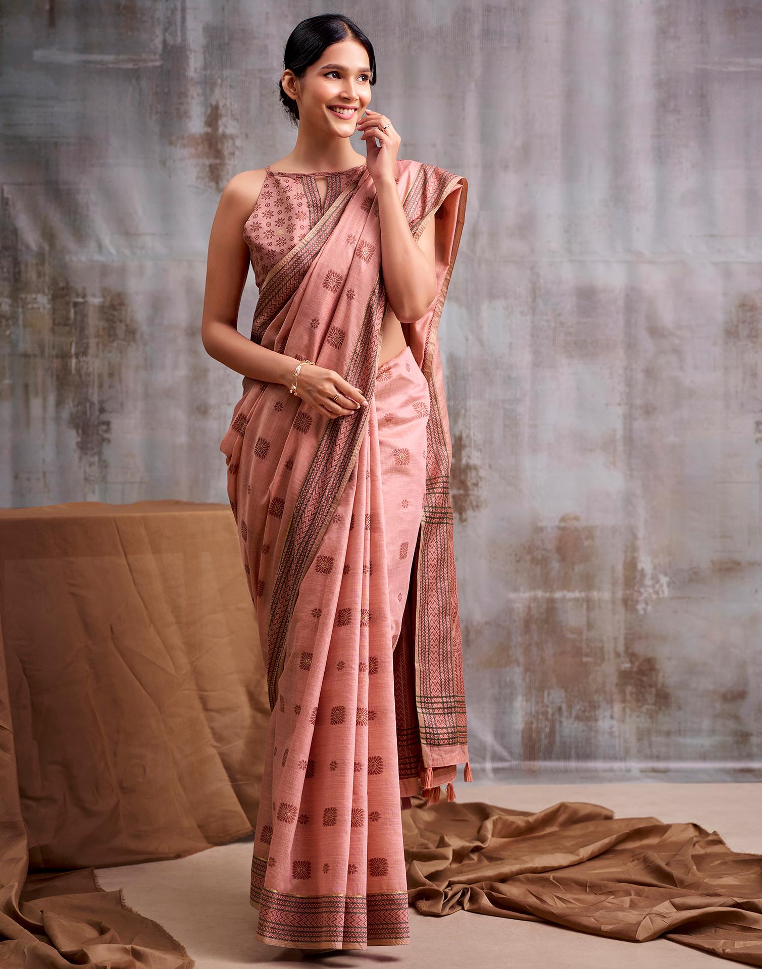 Peach Cotton Woven Saree