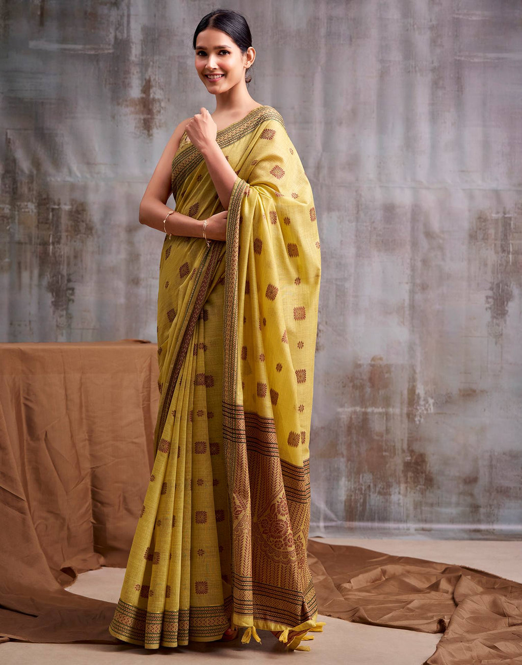Yellow Cotton Woven Saree