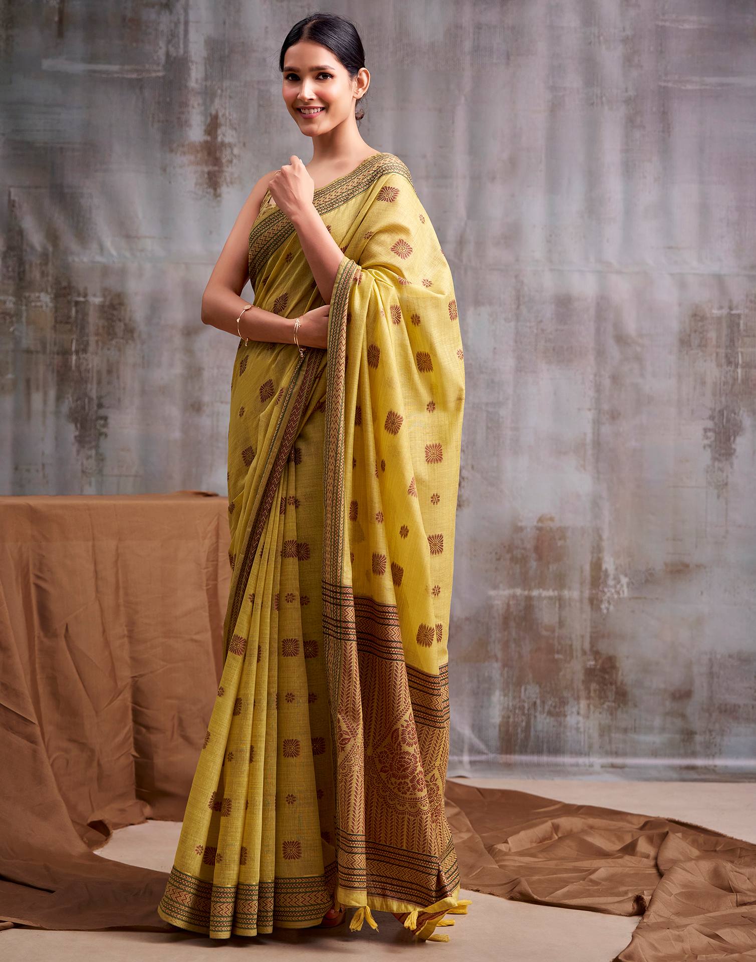 Yellow Cotton Woven Saree
