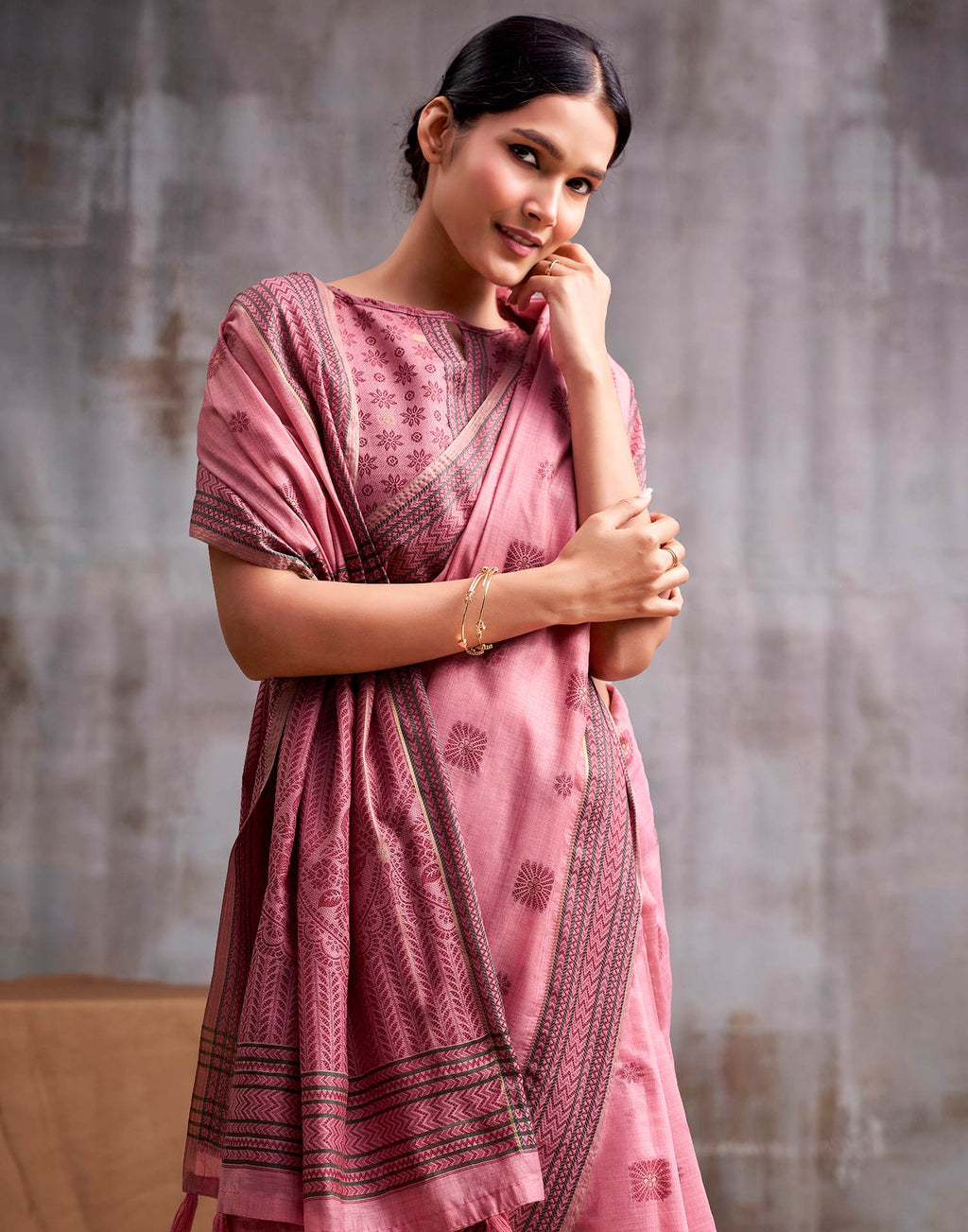 Rose Pink Cotton Woven Saree
