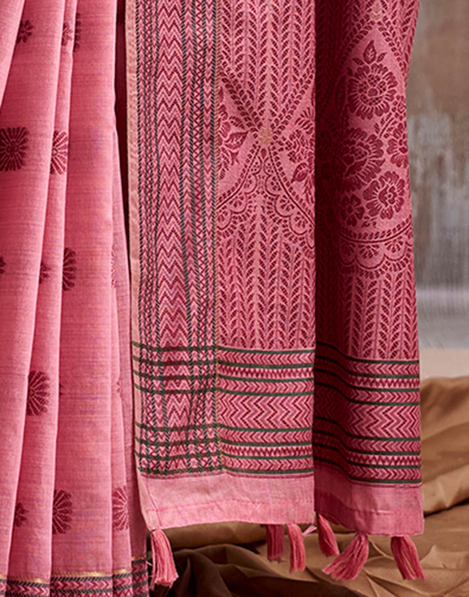 Rose Pink Cotton Woven Saree