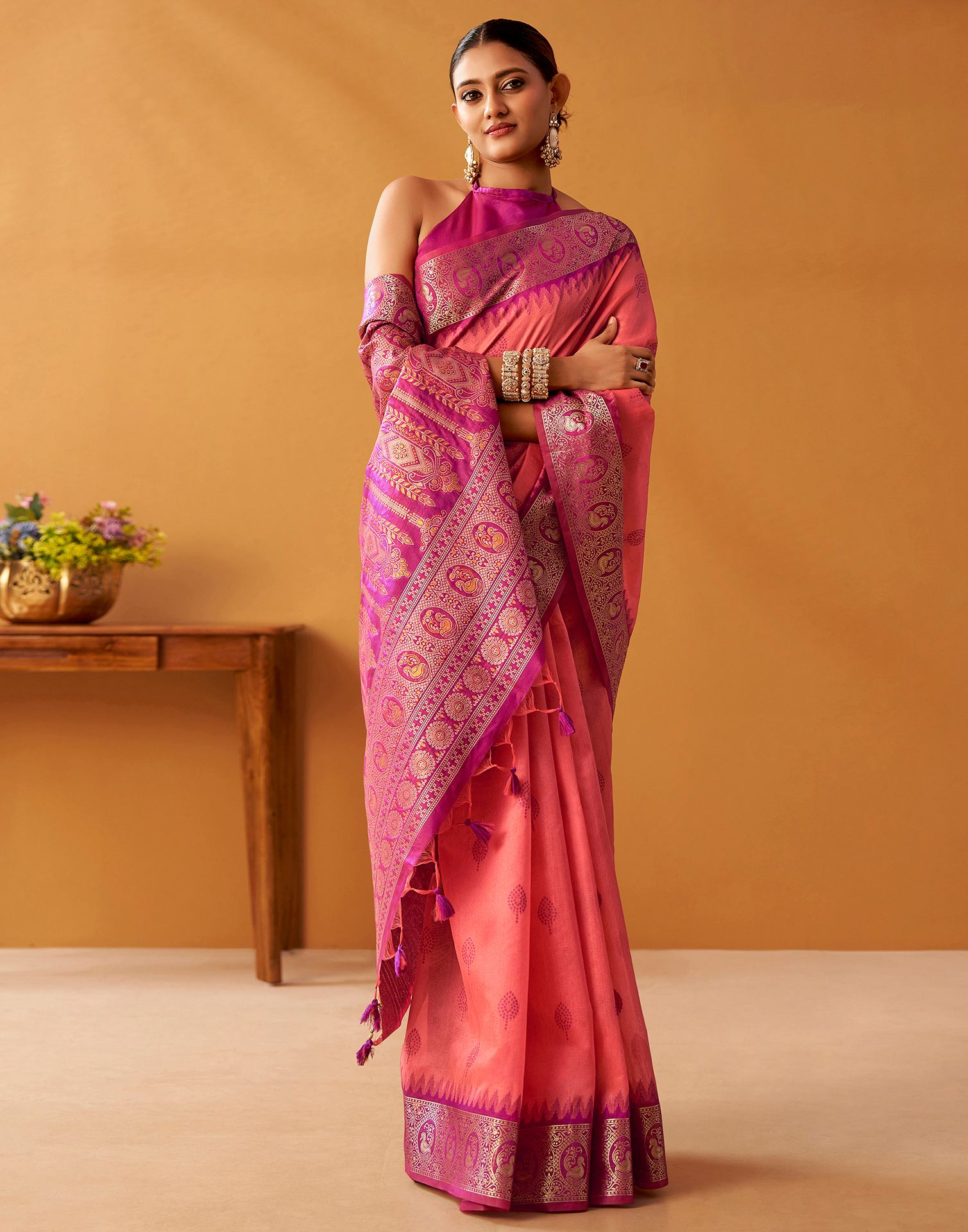 Coral Pink Silk Woven Kanjivaram Saree