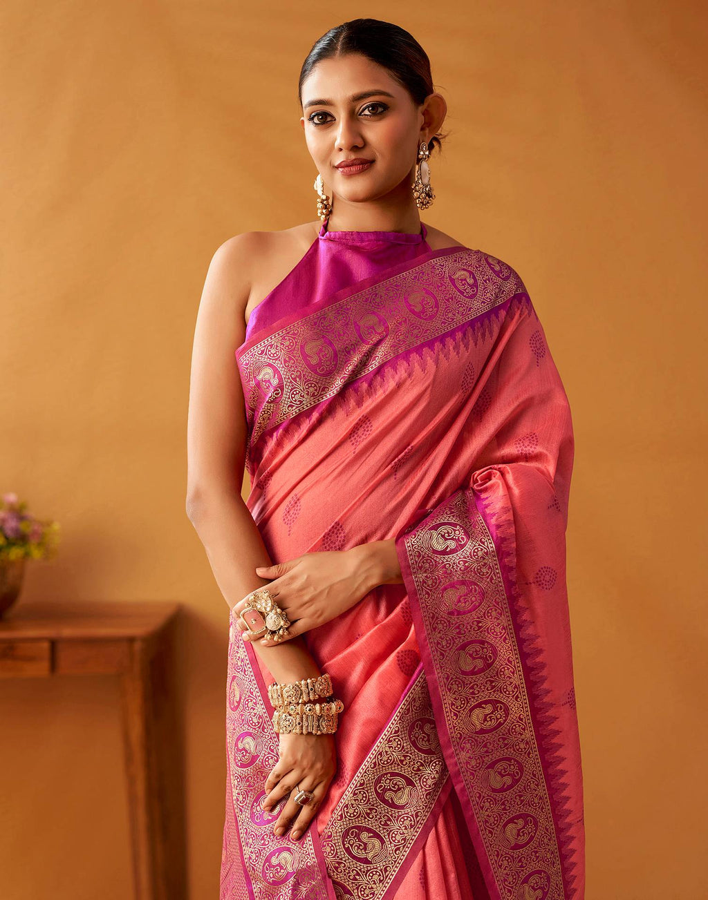 Coral Pink Silk Woven Kanjivaram Saree
