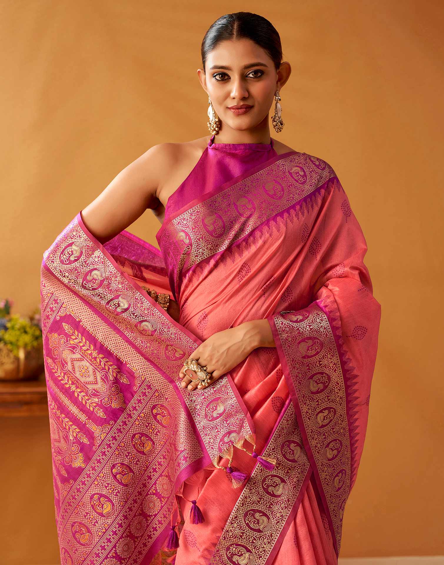Coral Pink Silk Woven Kanjivaram Saree