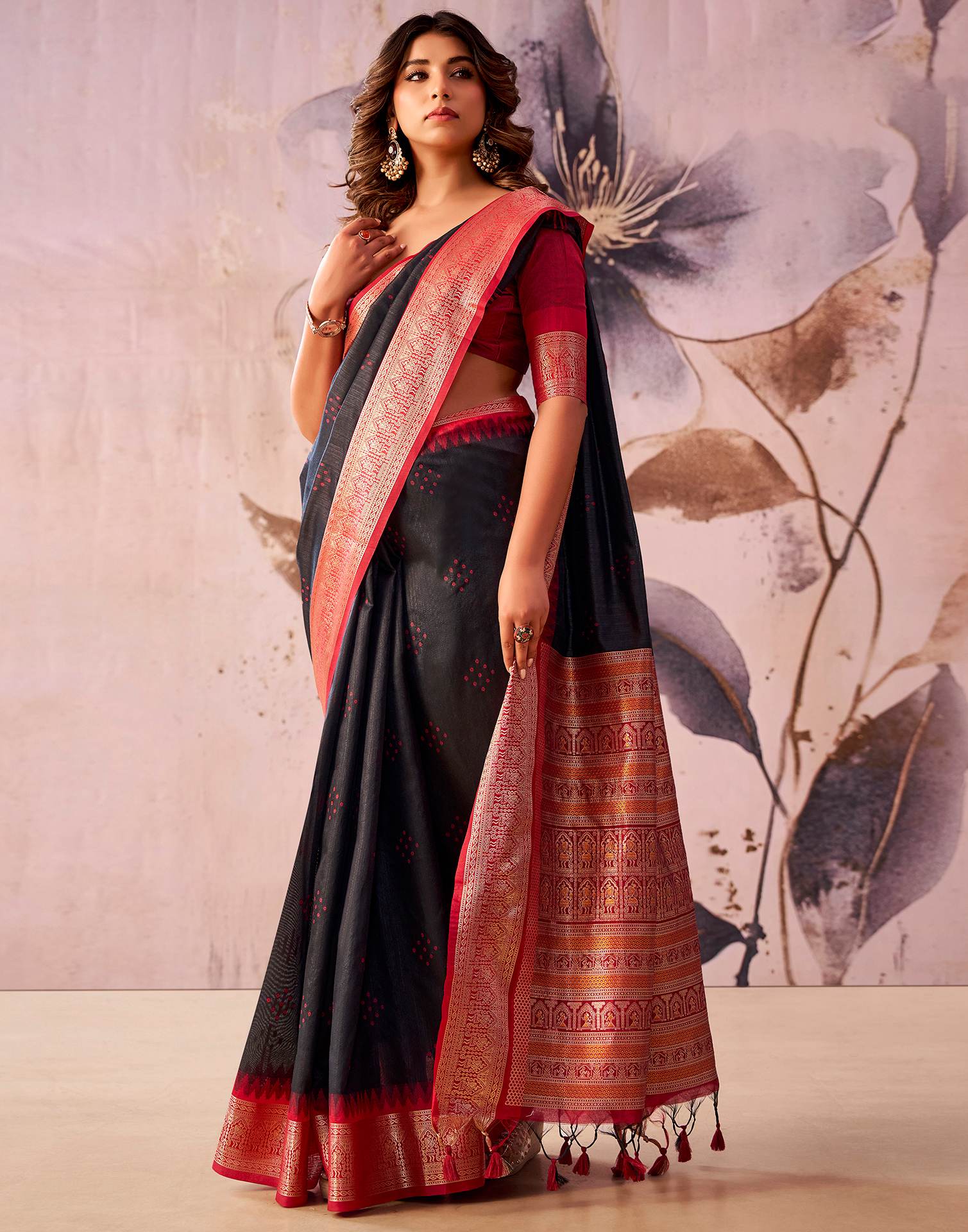 Black Tussar Silk Woven Kanjivaram Saree
