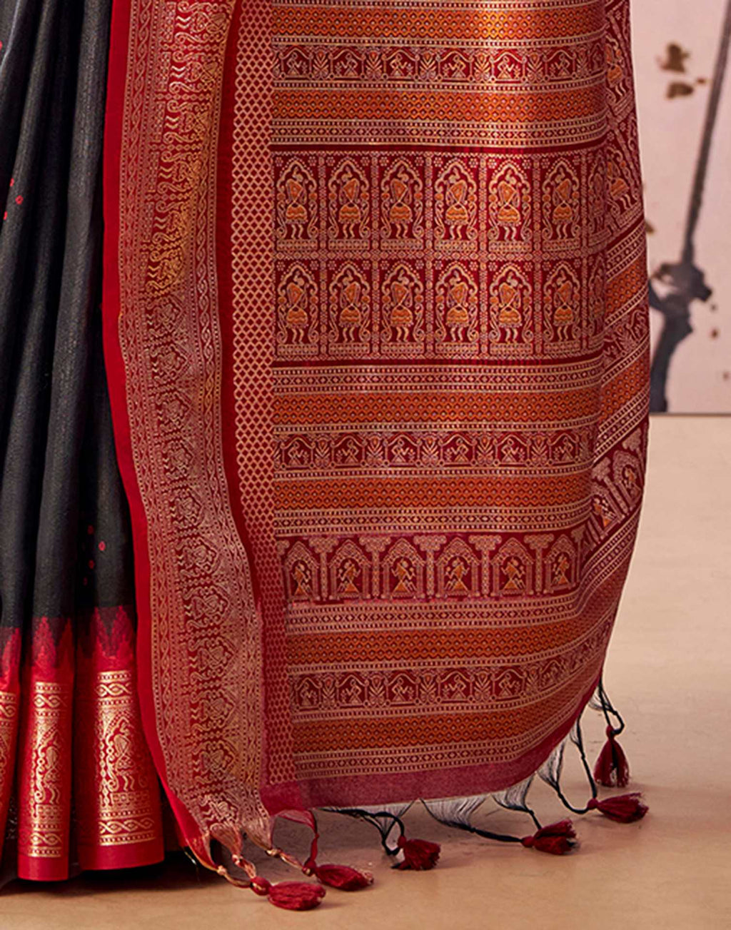 Black Tussar Silk Woven Kanjivaram Saree