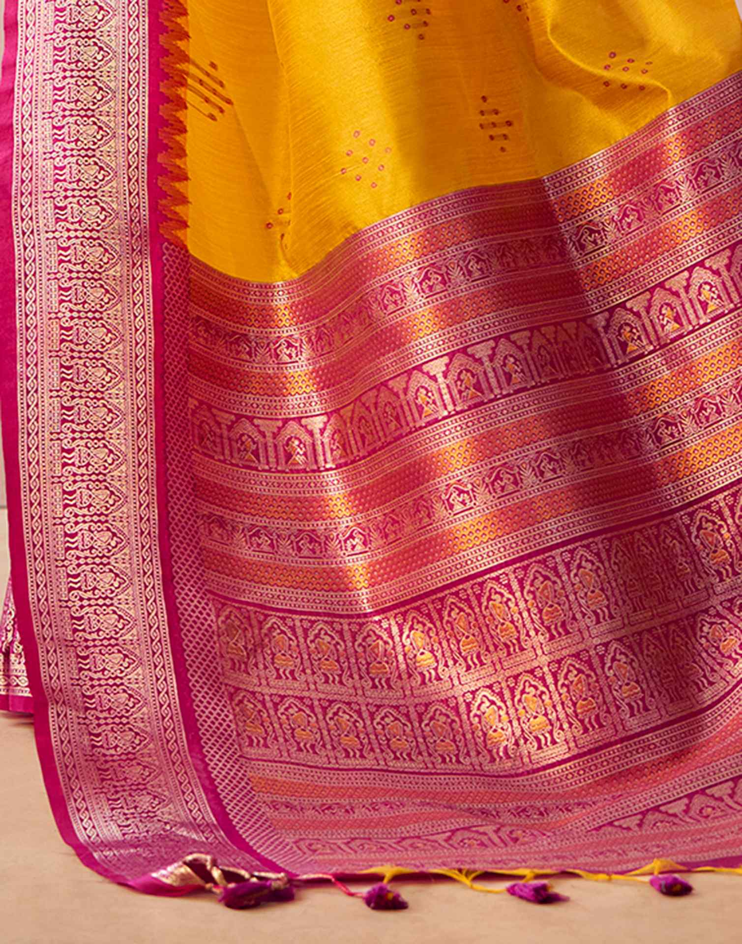 Yellow Tussar Silk Woven Kanjivaram Saree