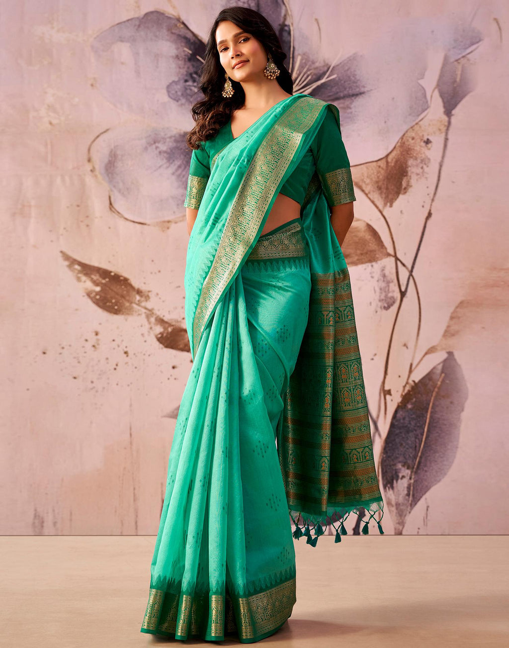 Turquoise Green Tussar Silk Woven Kanjivaram Saree