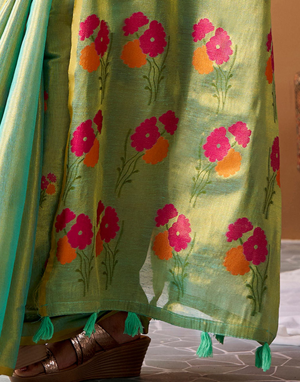 Pista Green Tissue Silk Woven Floral Saree