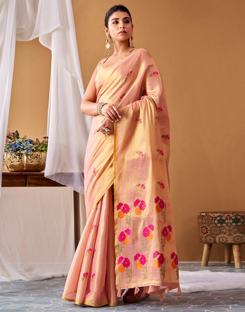 Peach Tissue Silk Woven Floral Saree