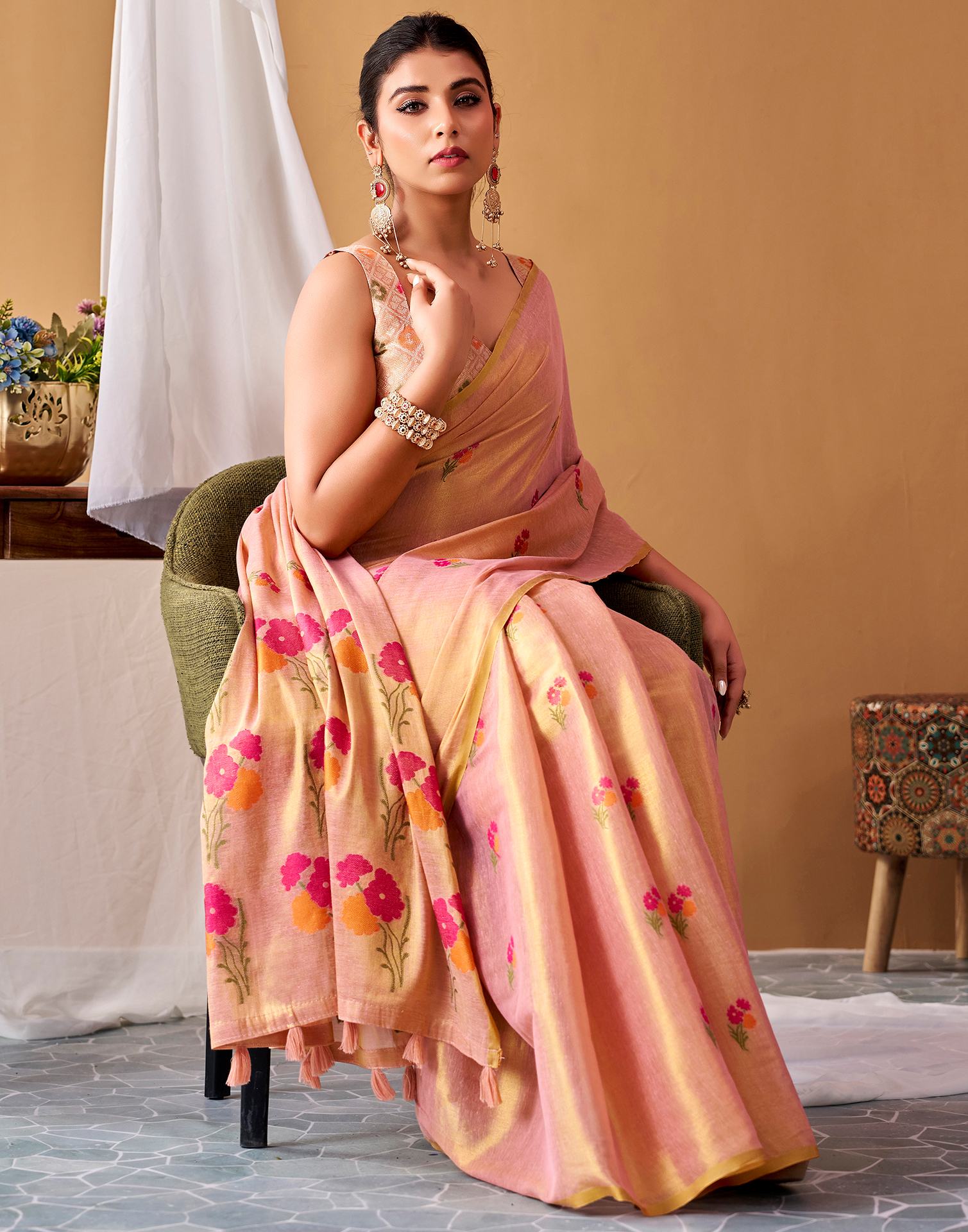 Peach Tissue Silk Woven Floral Saree