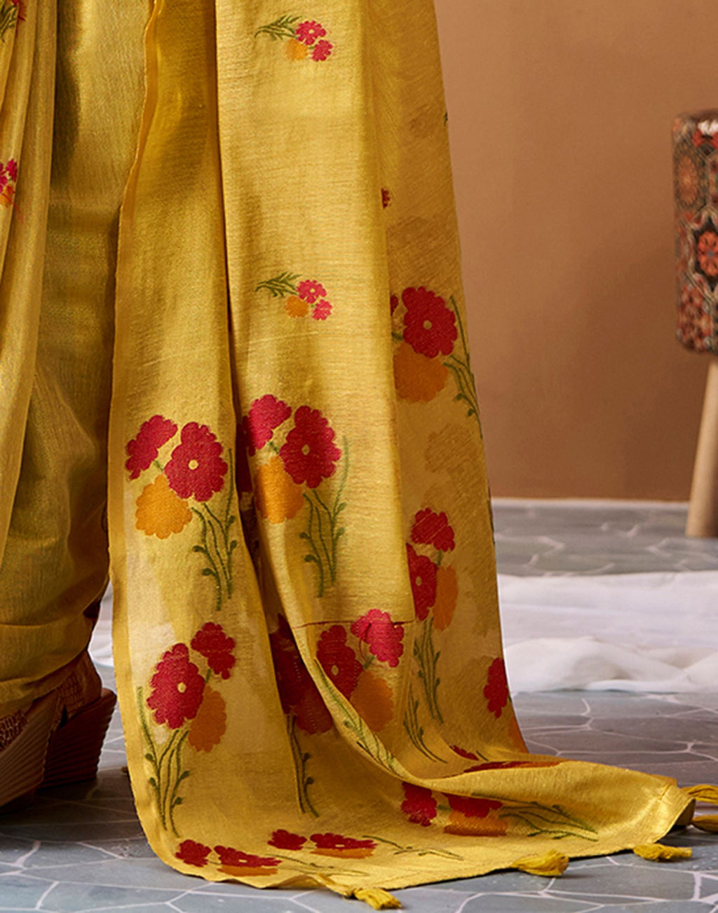 Mustard Yellow Tissue Silk Woven Floral Saree